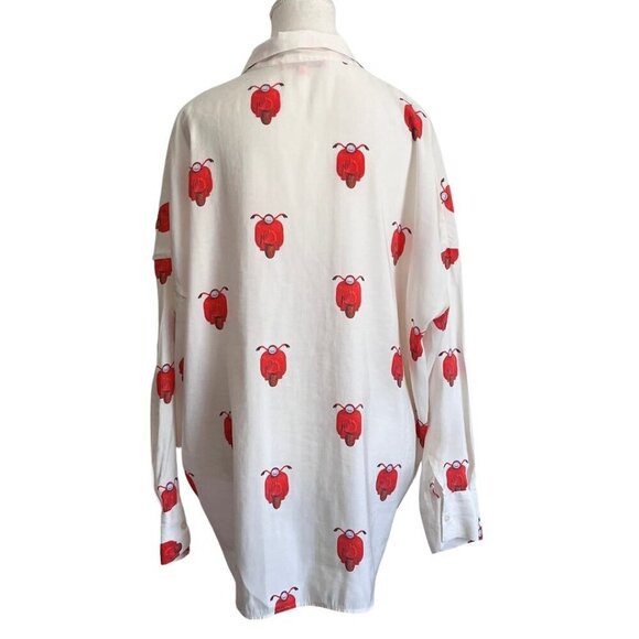 VILA GALLO IVORY WHITE RED NOVELTY PRINT BUTTON DOWN SHIRT -  L - Picture 3 of 11